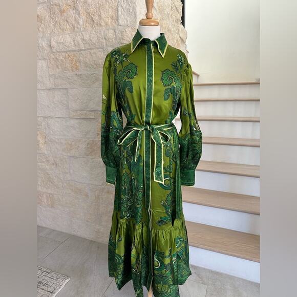 Alemais Solaris Shirtdress - Olive Silk Satin US 6 - Picture 9 of 12